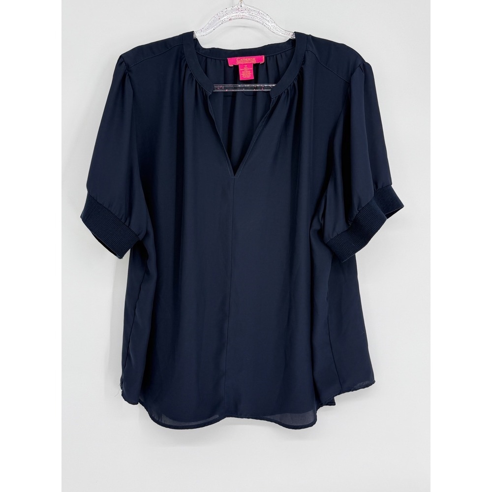 Catherine Malandrino Navy Blue Split Neck Blouse Ribbed Cuff Sz 1X